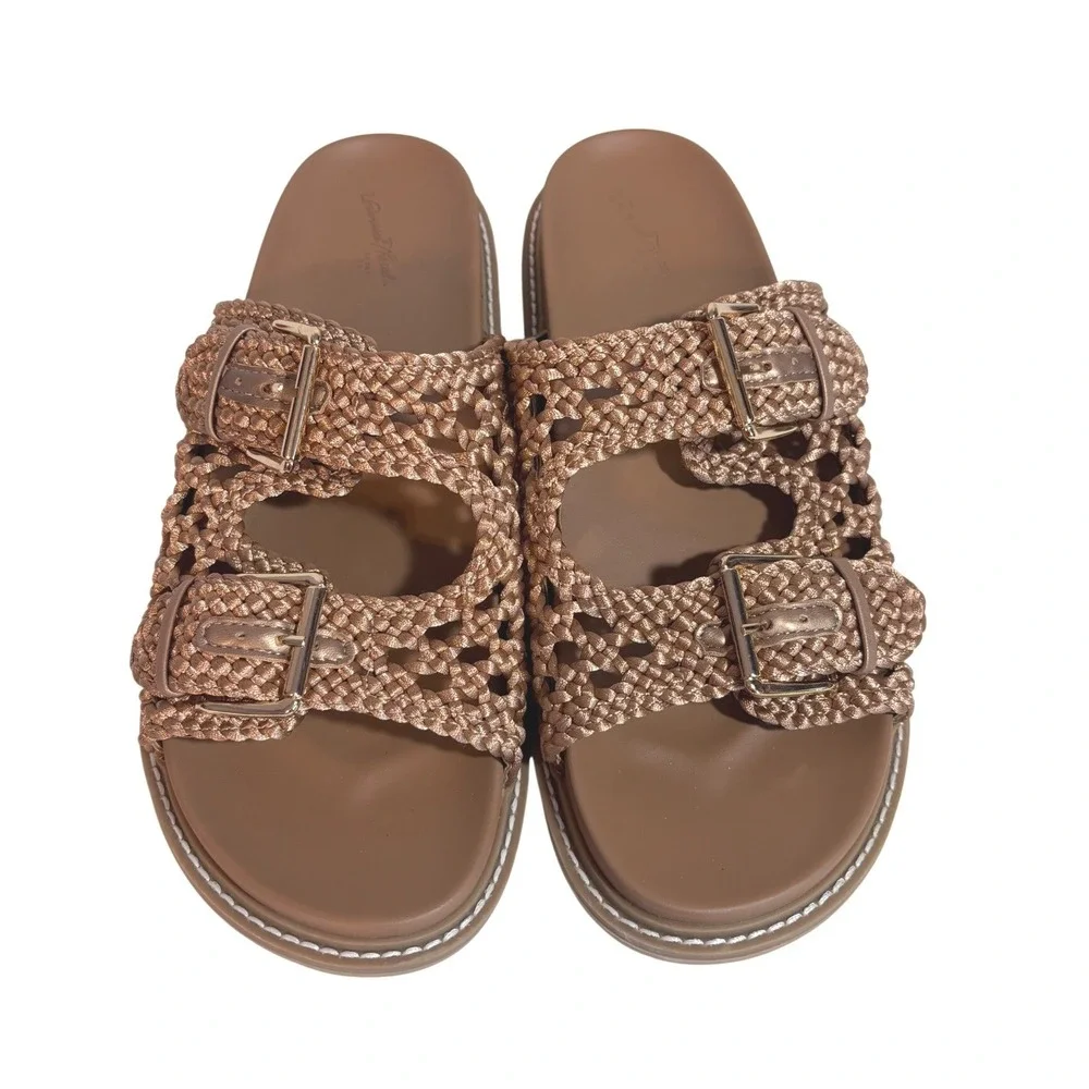 Universal Thread Kylie Tan Bronze Woven Double Buckle Slide Sandals Size 11